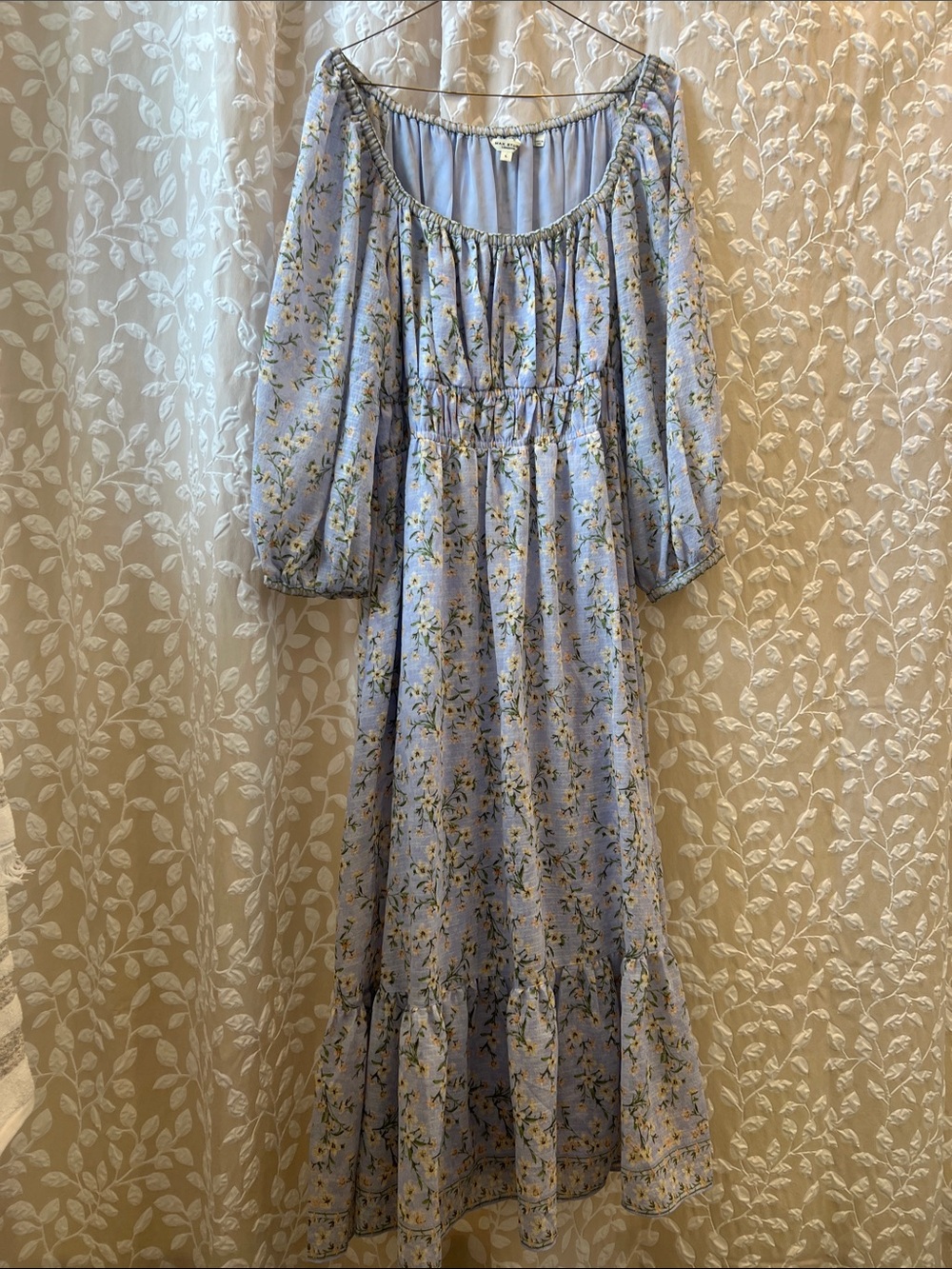 Cottage Garden Floral peasant Maxi Dress with Puff Sleeves ruffle hem Large
